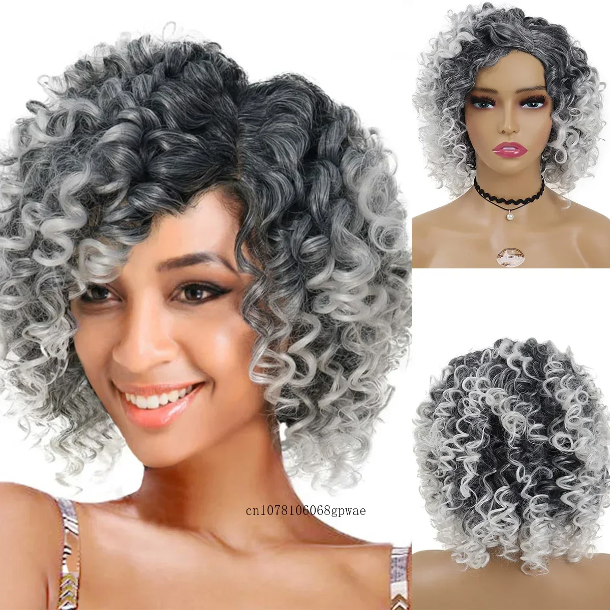 

Old Women Wig Synthetic Hair Afro Curly Ombre Grey Wig for Lady Short Bouncy Wigs with Bangs Heat Resistant Daily Party Cosplay