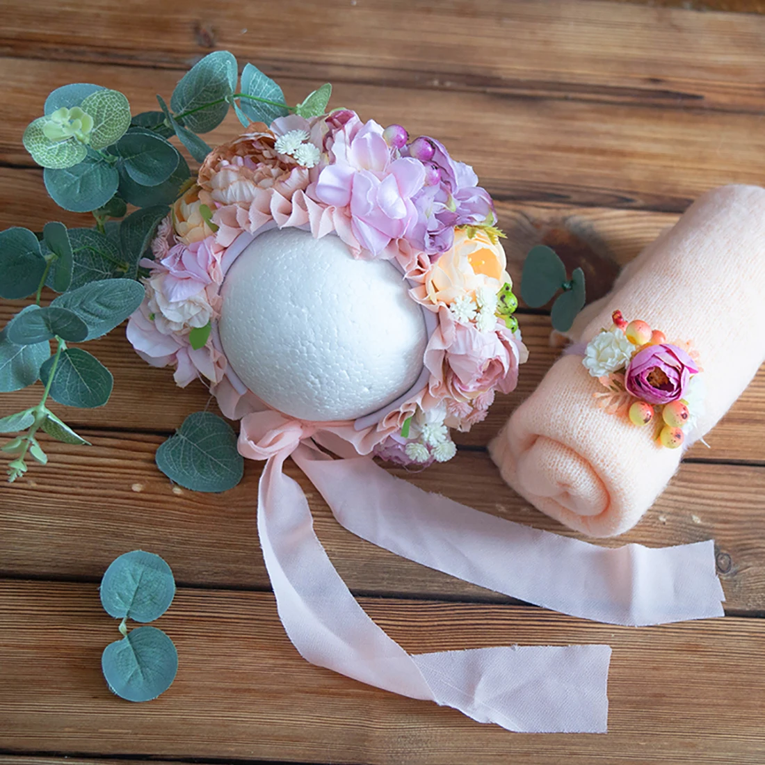 Envoltório mohair de malha esticada para recém-nascido, gorro de renda e bandana, adereços fotográficos para menina, floral