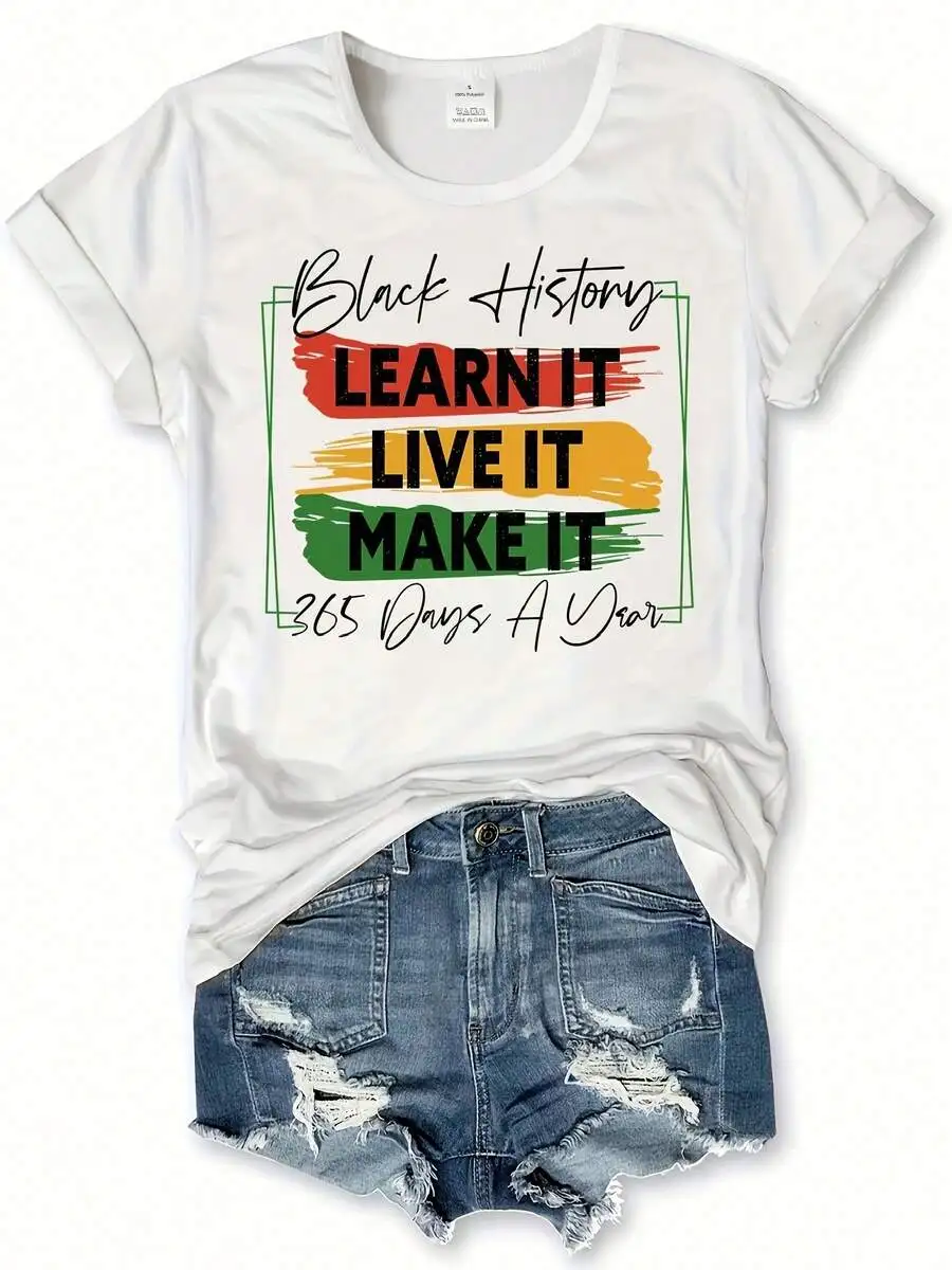 Women Cultural Theme Casual Tops 1Pc Crew Neck Short‑Sleeve Black History Month Letter Graphic Print Tees