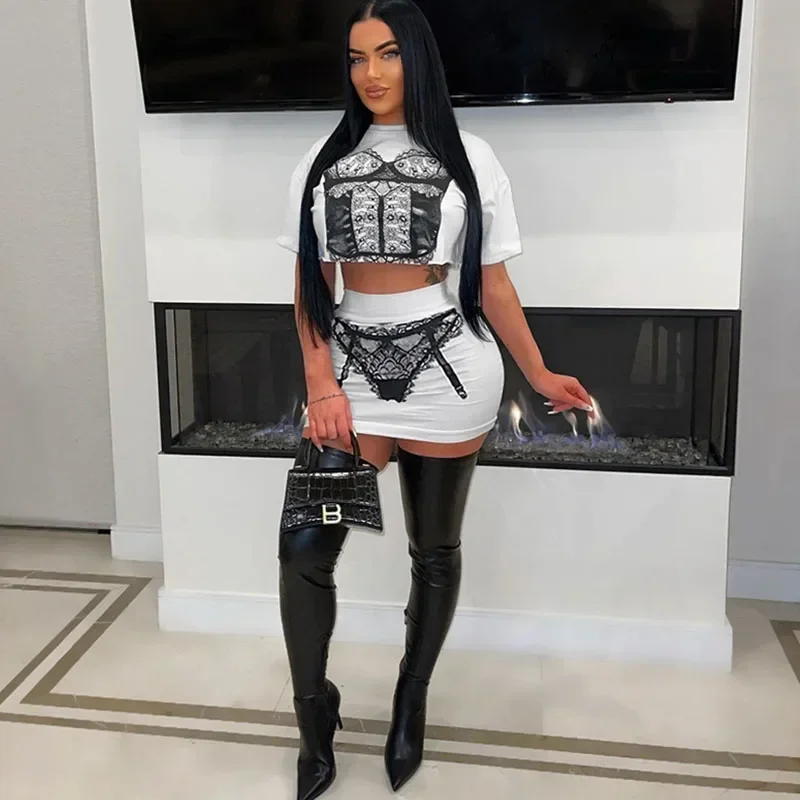 

Lingeries Print 2 Piece Set Woman Outfit Y2K Clothes Summer Short Sleeve T-Shirt Crop Top and Mini Skirt Matching Sets Nightclub