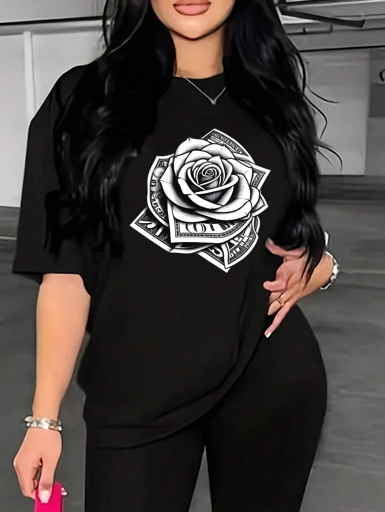 Women Tshirt Oversized Simple Drop Shoulder 100 Cotton T-Shirt With Roses And Dollar Bills Printing men Top