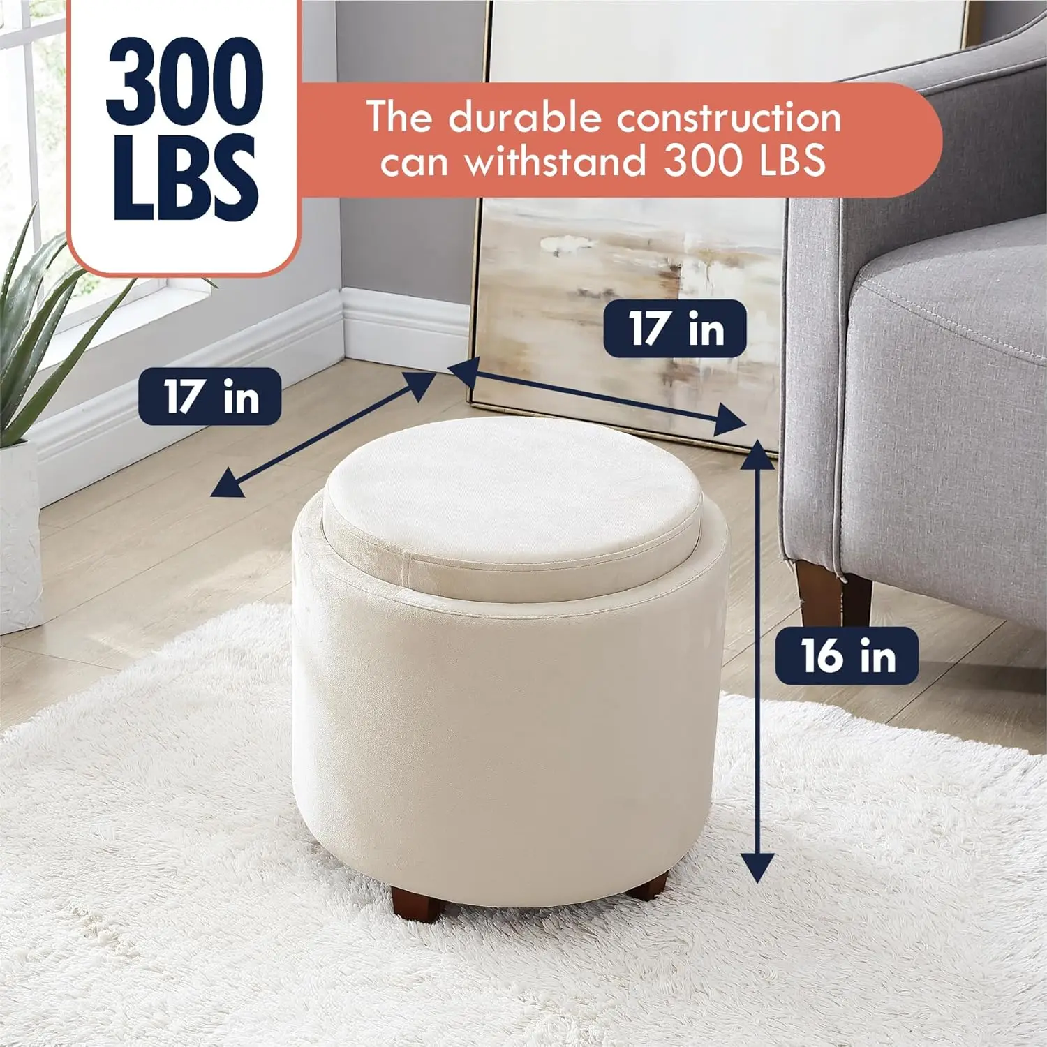 Round Storage Ottoman with Lift Off Lid and Tray Lid Coffee Table, Ottoman with Storage for Living Room, Bedroom and Office,