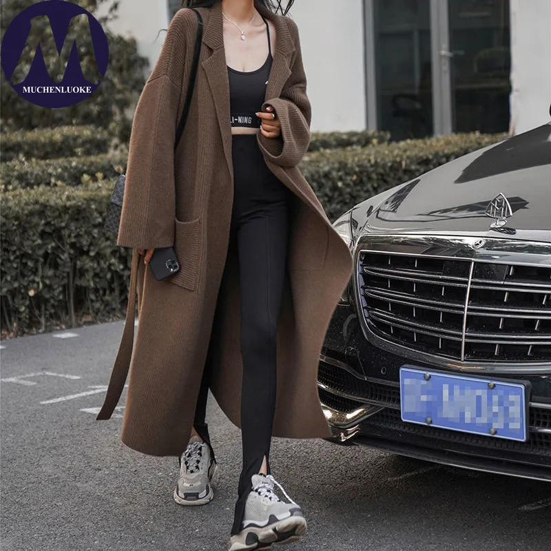 

Cardigan for Women Autumn Winter Lazy Style Lapel Lace Up Knitted Sweater Coats Korean Fashion Casual Loose Keep Warm Cardigan