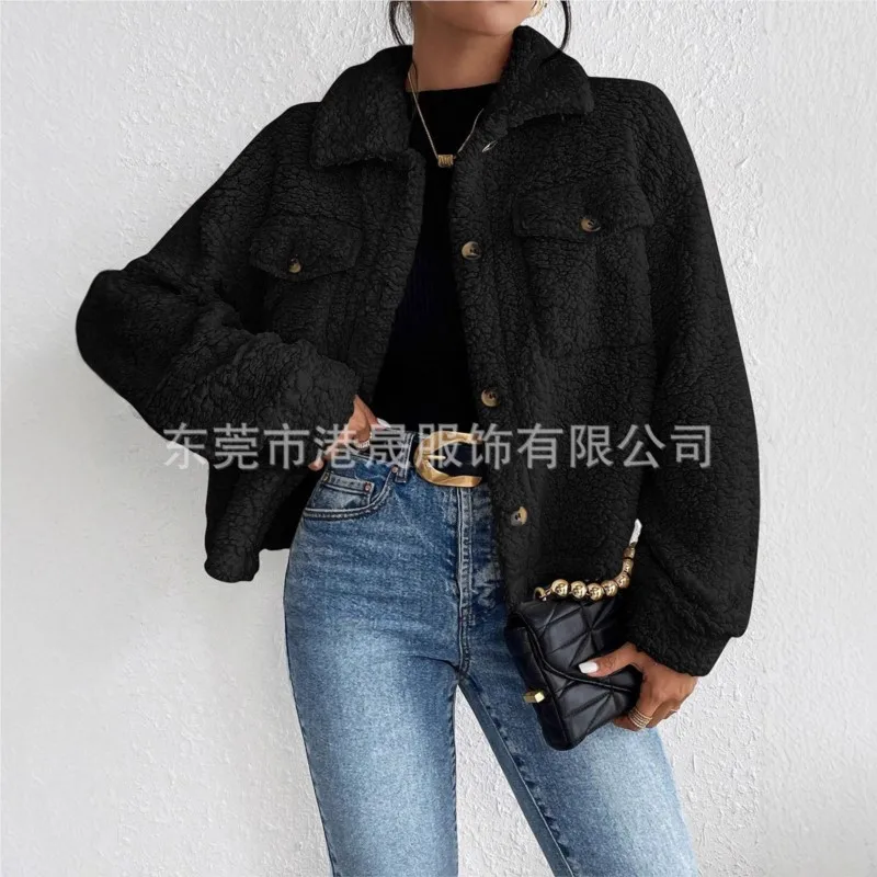 Casual Women's Coats Autumn And Winter Lapel Plush Jacket Short Women Jacket New Fashion White Pockets Tops Coat Streetwear