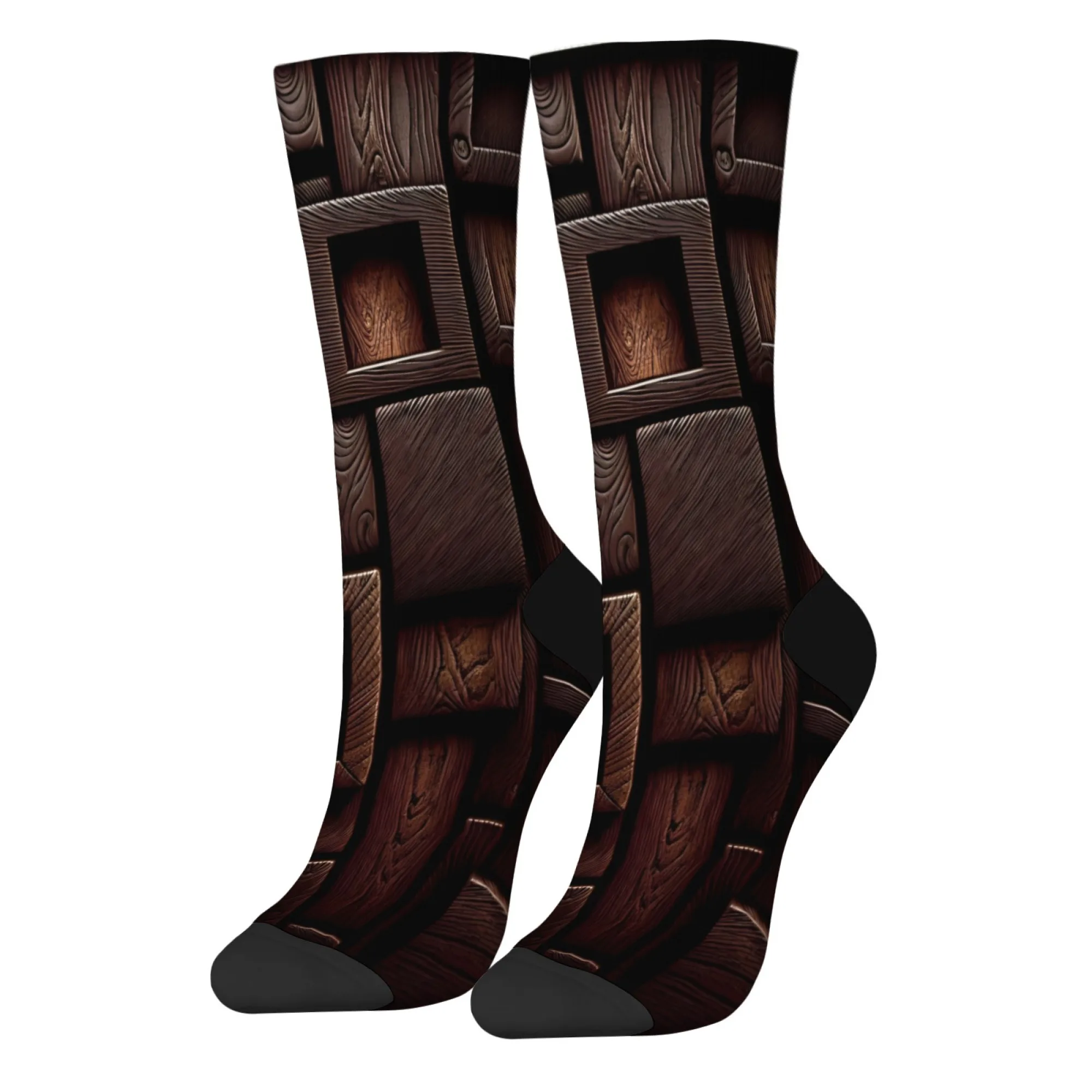 زوج واحد من الجوارب الرياضية المطبوعة الخشبية الإبداعية الرجعية ثلاثية الأبعاد للرجال، جوارب كرة السلة الطويلة للخريف والشتاء