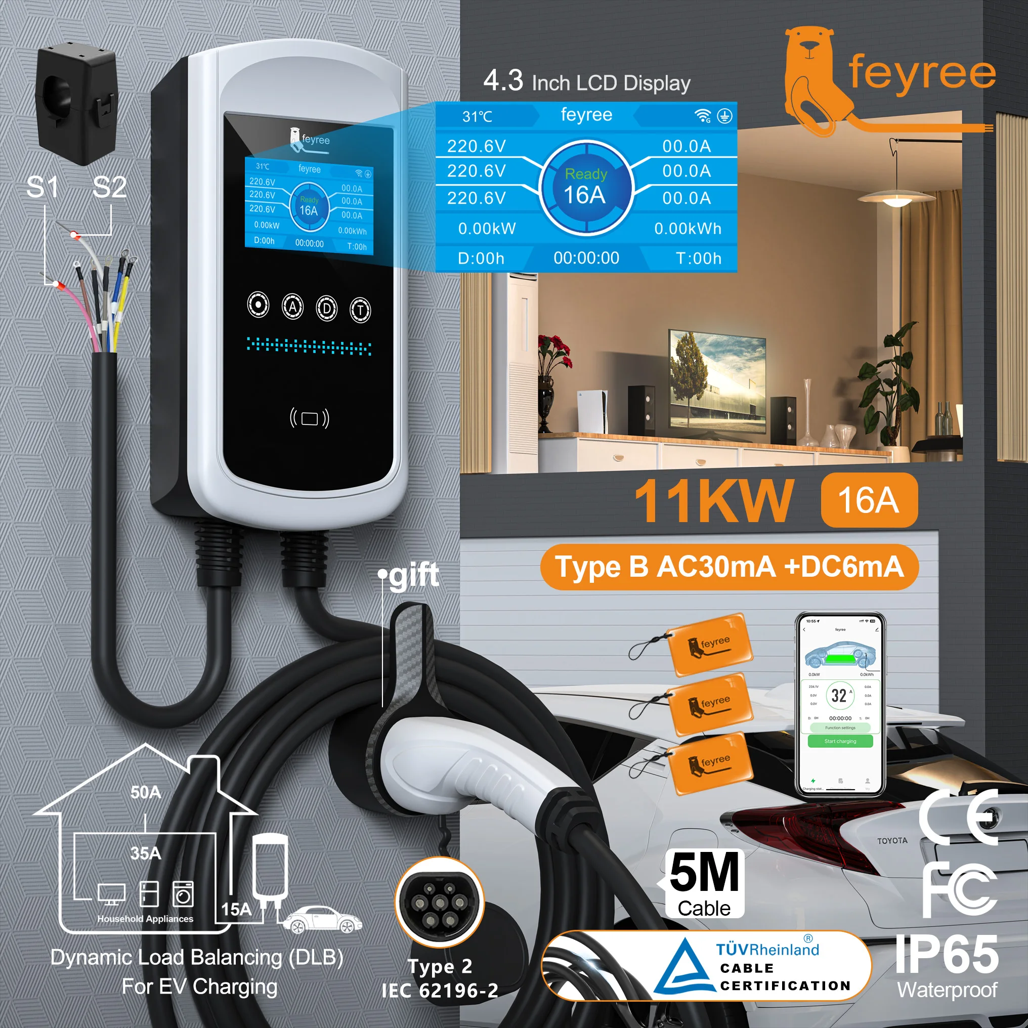 Feyree Type2 EV-lader met 4,3 inch scherm, 32A, 7,6kW dynamische belastingbalancering, 11kW, 22kW, 3-fasig EVSE wandbox, app met oplaadgeschiedenis