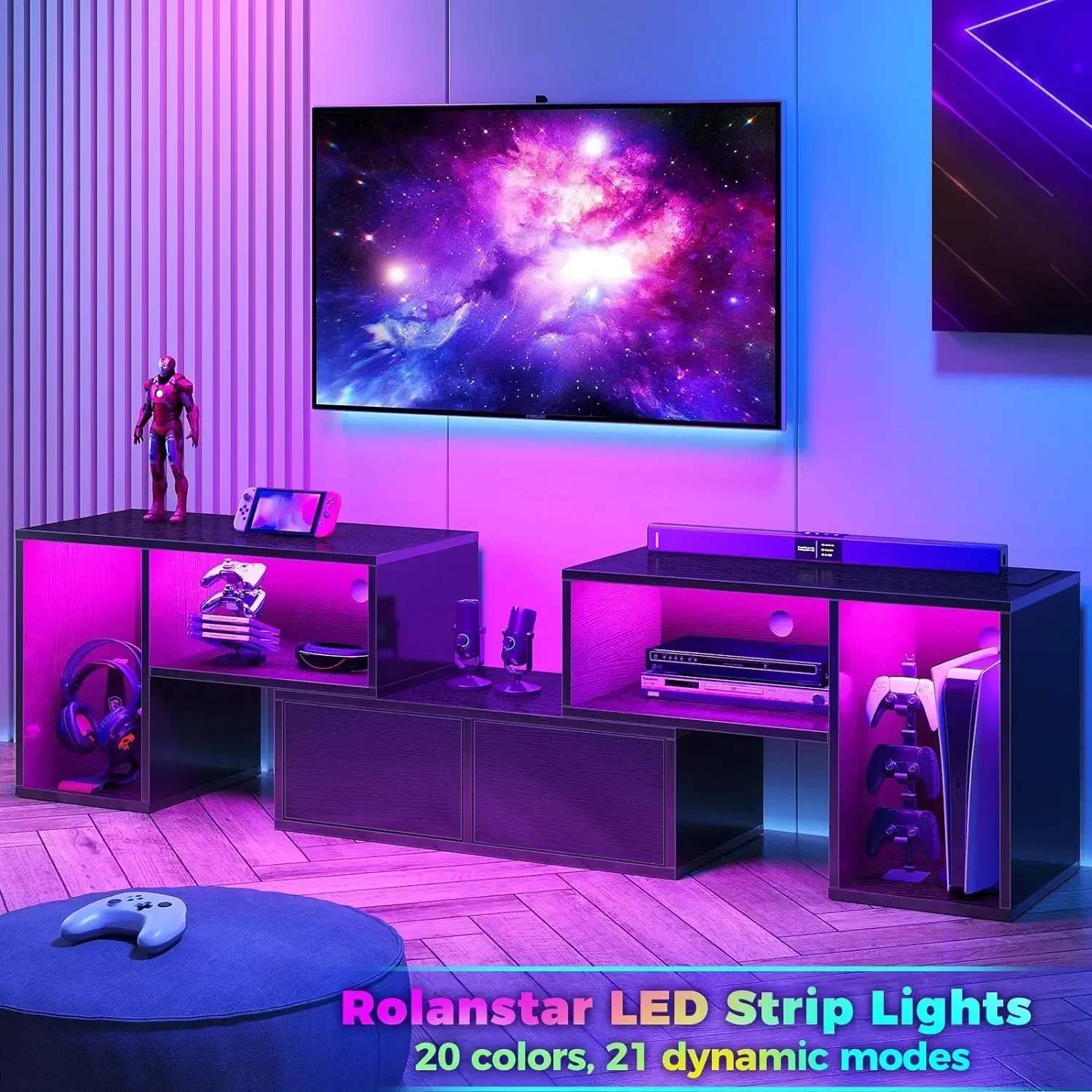 TV Stand, Deformable TV Stand with Power Outlets & LED Strip, Modern Entertainment Cent