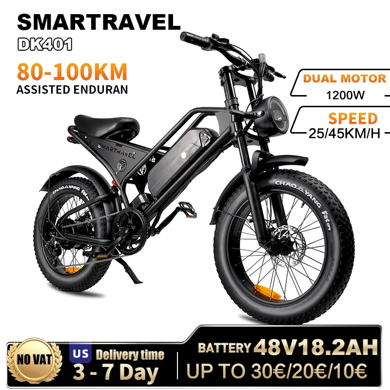 

Electric Bicycle SMARTRAVEL DK401 Adult Cross-Country E-Bike 1200W Motor 48V 18.2Ah Battery Top Speed 28MPH 7-Speed 20'' Tires