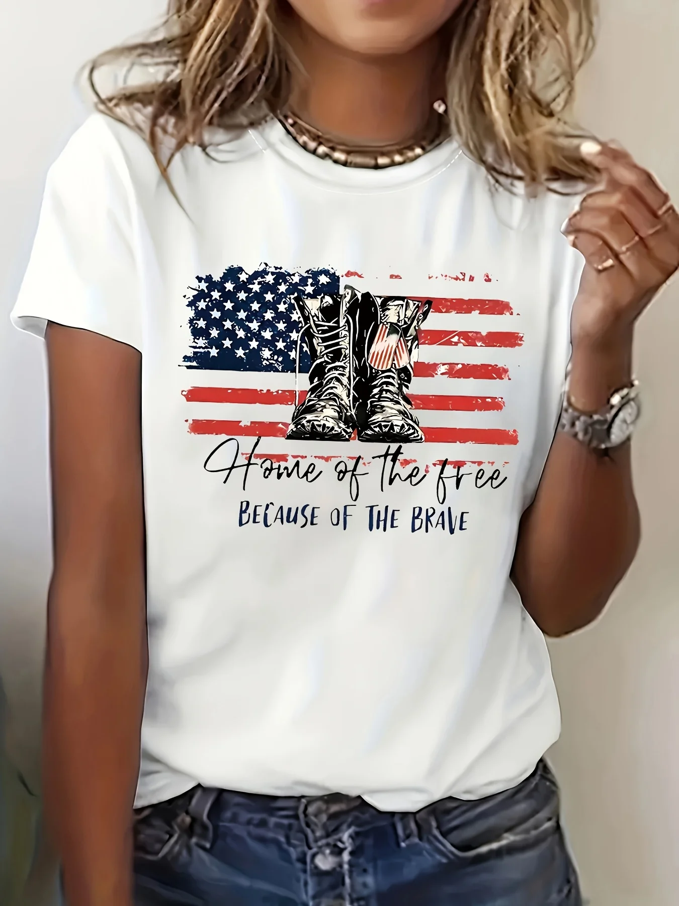 

Women'S Patriotic "Home of the Free Because of the Brave" T-Shirt with American Flag & Boots Design Casual Crew Neck