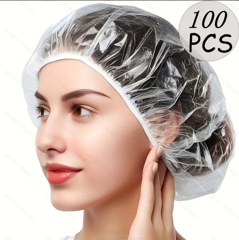 100pcs One-time use elastic transparent shower cap. Suitable for kitchens, hair salons, spa centers, and hotel business trips