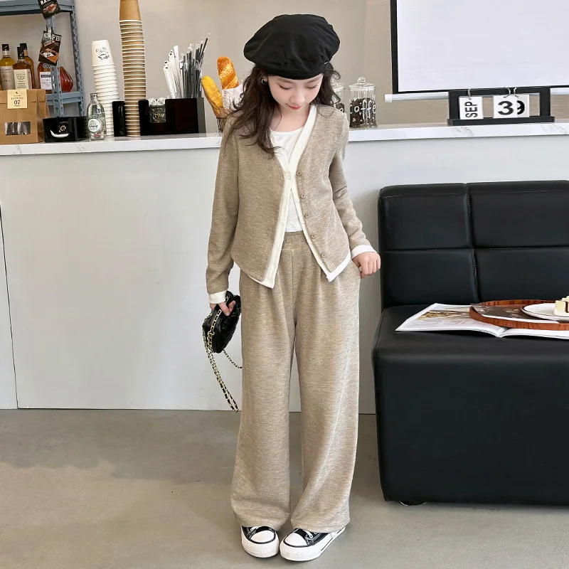 Baby Girl Clothes Suit Girls Autumn Suit Western Style Cardigan Coat 2024 New Style Casual Wide-leg Pants Children and Girls