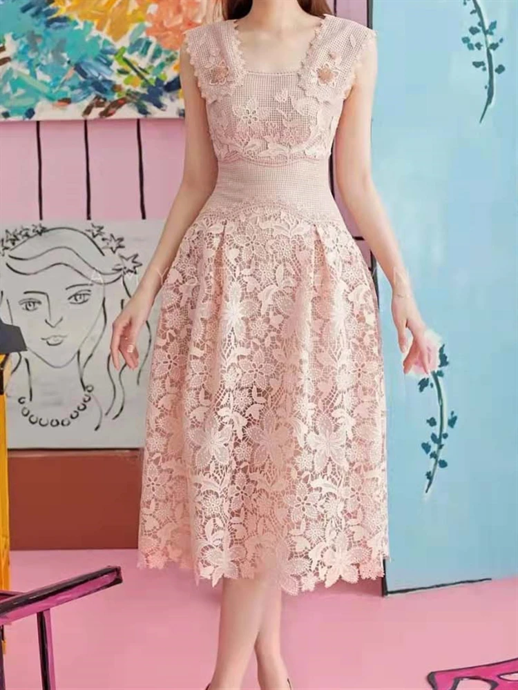 

Boho Sundress Women Clothing Solid Pink 2022 Backless Woman Dress Party Sleeveless Summer Runway Lace Beach Sexy Embroidery Robe