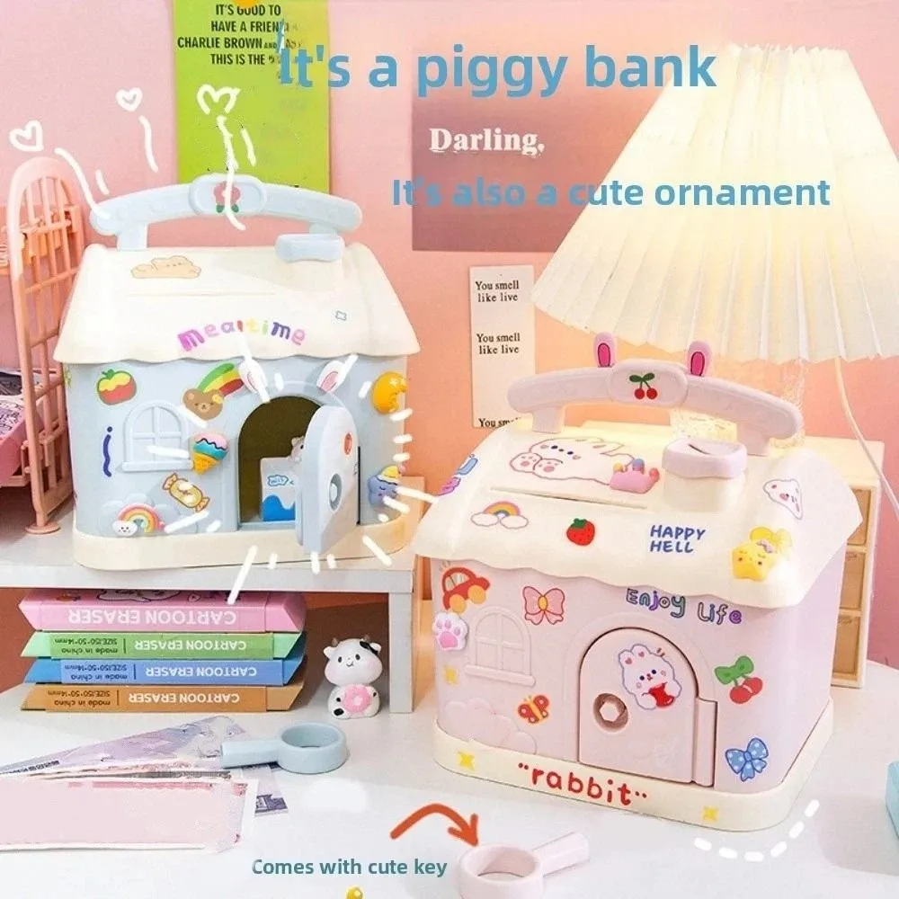 

With Lock and Keys House Shape Piggy Bank House Shape Cartoon Stickers Cute Saving Pot Large Capacity Cartoon Saving Box Gift