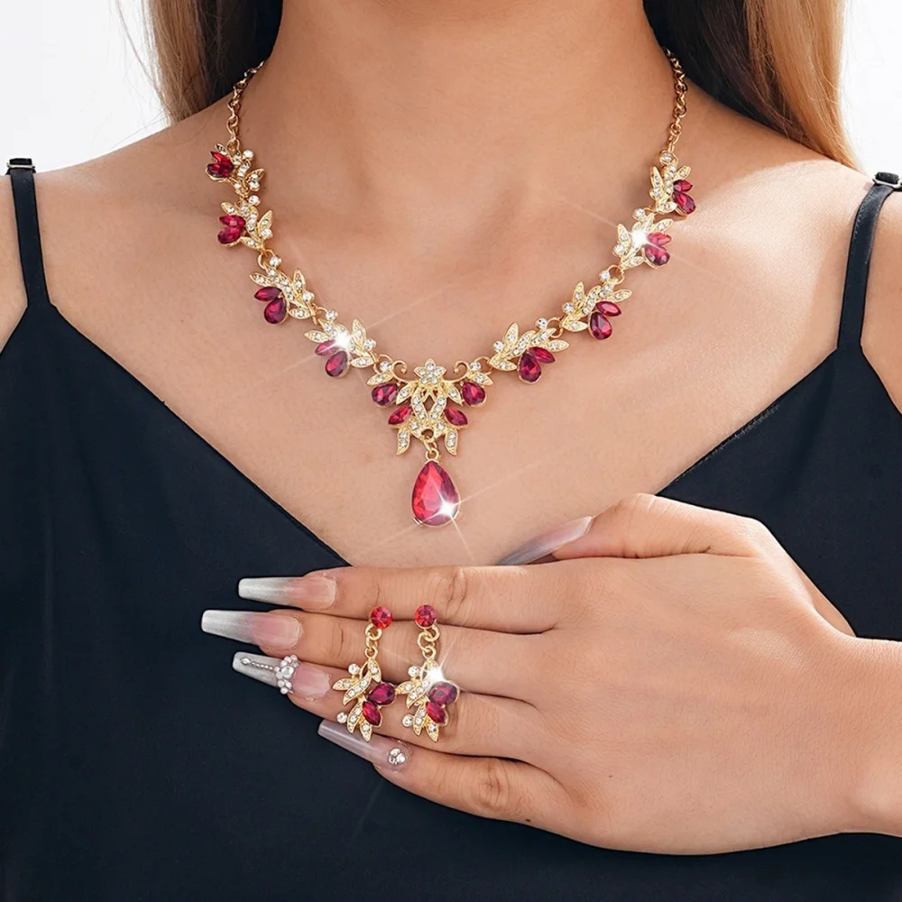 Sparkling Water Drop Flower Jewelry Set Women Necklace Earrings Shiny Crystal Choker Bridal Wedding Jewelry Party Accessories