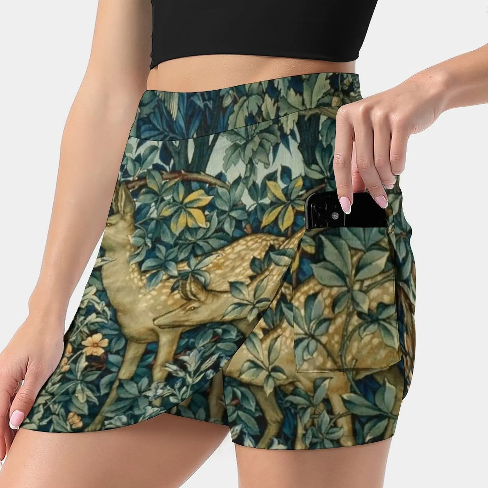 Greenery , Two Does And Birds In Forest Blue Green Floral Women's skirt Aesthetic skirts New Fashion Short Skirts Animals Deers