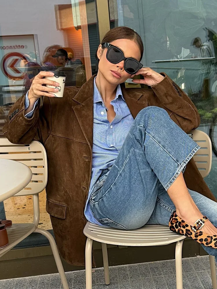 HH Herfst Damesmode Effen Turn-down Kraag Single-breasted Blazer Jas Vrouwelijke Street Style Slanke Lange Mouw Losse Jas