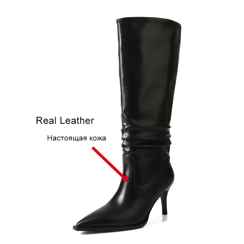 JOZHAMTA Size 34-40 Women Knee High Boots Real Leather Casual Wide Calf Kitten Heels Shoes Winter 2025 Office Lady Daily Dress