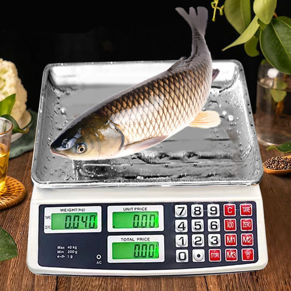 40kg/1g Price Computing Scale with Stainless Steel Plate Counting Weight Scale LCD Digital Display for Farmers Market Meat Shop