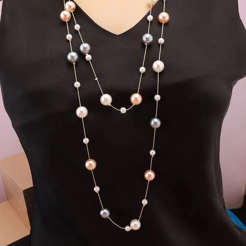 Collier de perles de verre mélangées fait à la main pour femme, poudre grise et blanche, couches multiples, pull long, équipement