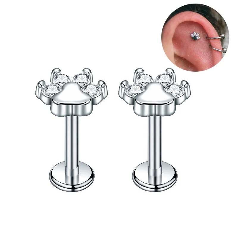1PC 16g Titanium Steel Cat Paw Shape Crystal CZ Labret Lip Stud Cartilage Tragus Helix Piercing Stud Fashion Cute Party Jewelry