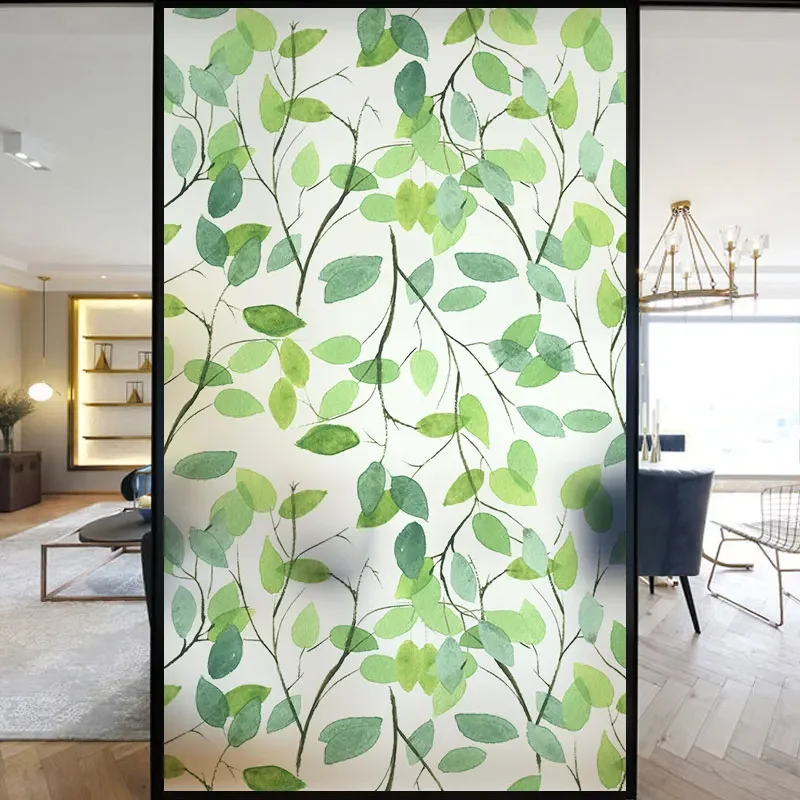 Static Cling Privacy Windows Film Decorative Lush Green Leaves Glass Window Stickers   Frosted Window Film