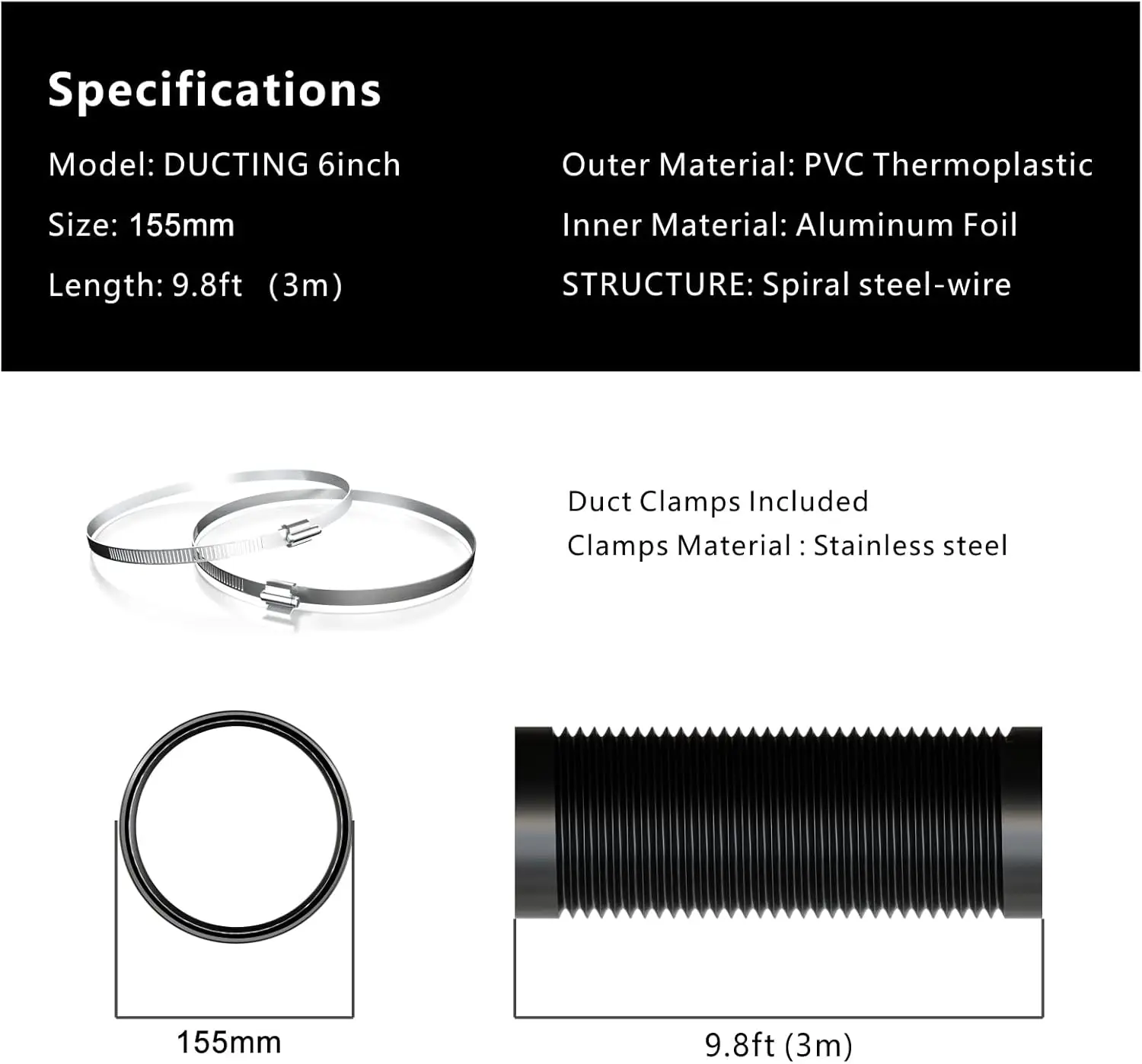Aygrochy zwarte PVC-uitlaatslang, 150 mm, 3 meter, ventilatieslang met 2 slangklemmen voor mobiele airconditioners, drogers, etc.