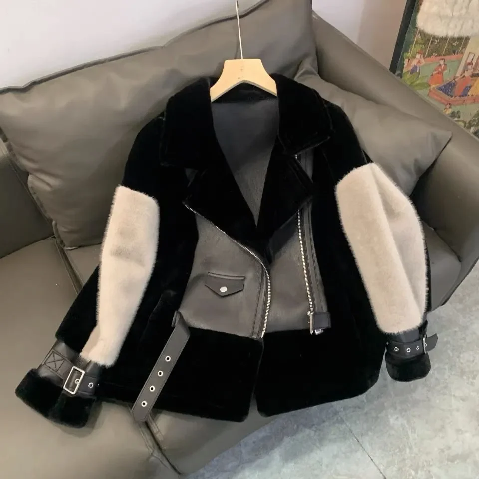 New Autumn Winter Fur One Motorcycle Short Jacket Outwear Women's Stitching Contrast Color European Mink Fleece Motorcycle Coat