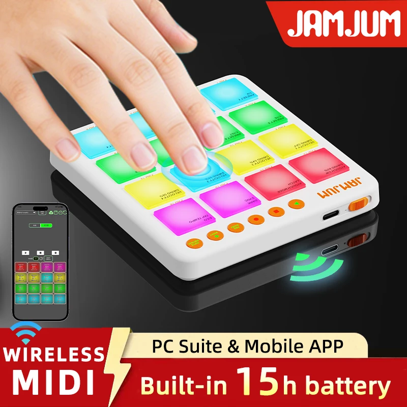 

JAMJUM Compact Bluetooth MIDI Pad, 16 RGB Pads Battery Powered Lightweight Music Beat Controller For music player
