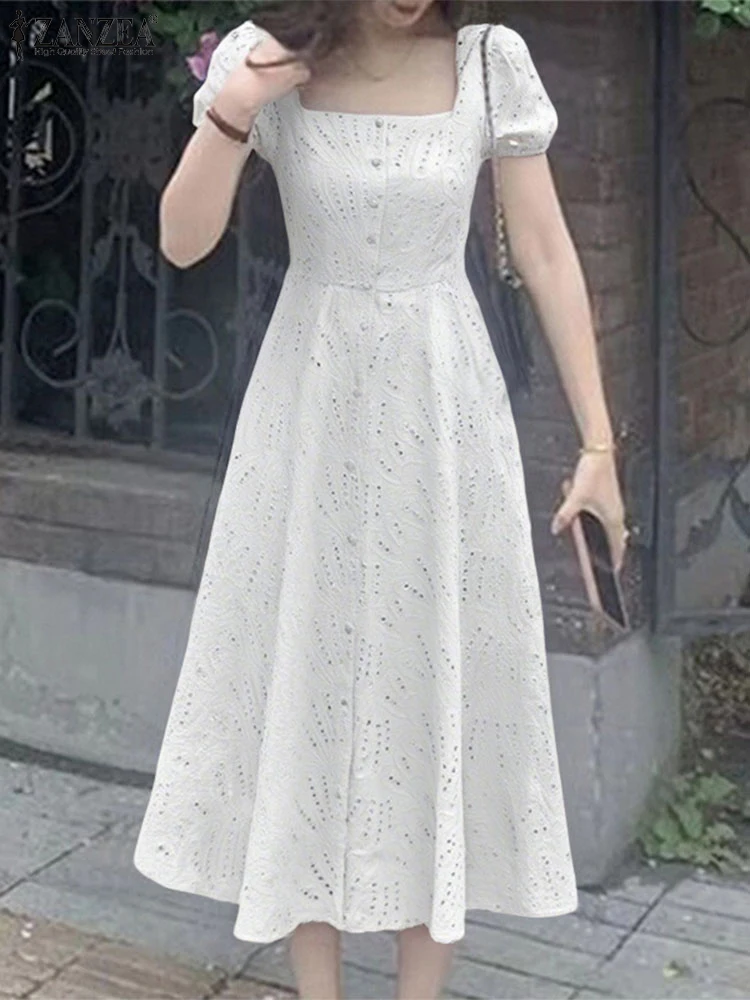 فستان نسائي أنيق بأشرطة خصر من ZANZEA فستان صيفي طويل بأكمام قصيرة من الدانتيل فستان صيفي غير رسمي بياقة مربعة رداء للحفلات الصلبة