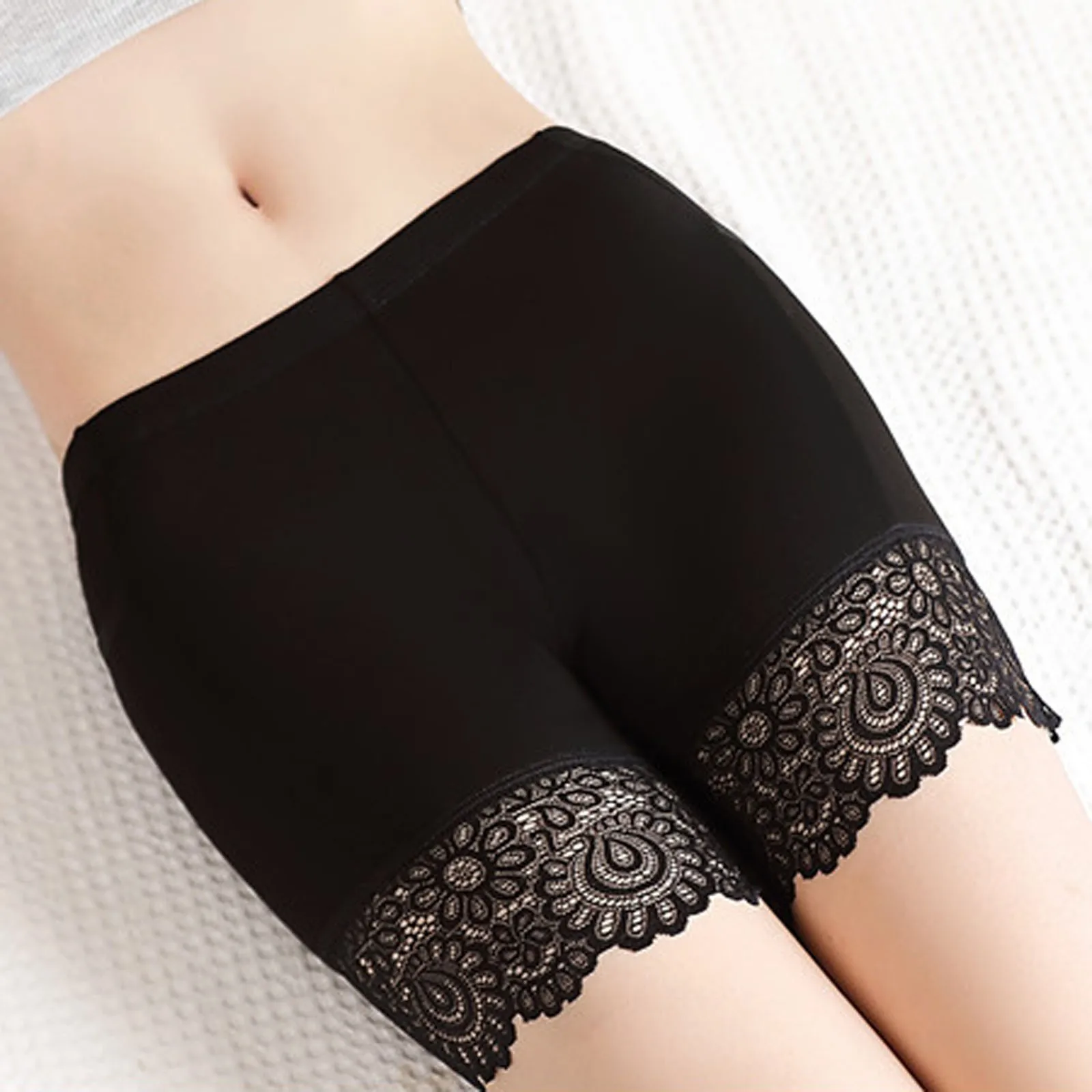 Women'S Solid Color Lace Modal Safety Pants Mid-Waist High Stretch Tight Underwear Fashion Casual Leggings Slim-Fit Plastic Pant