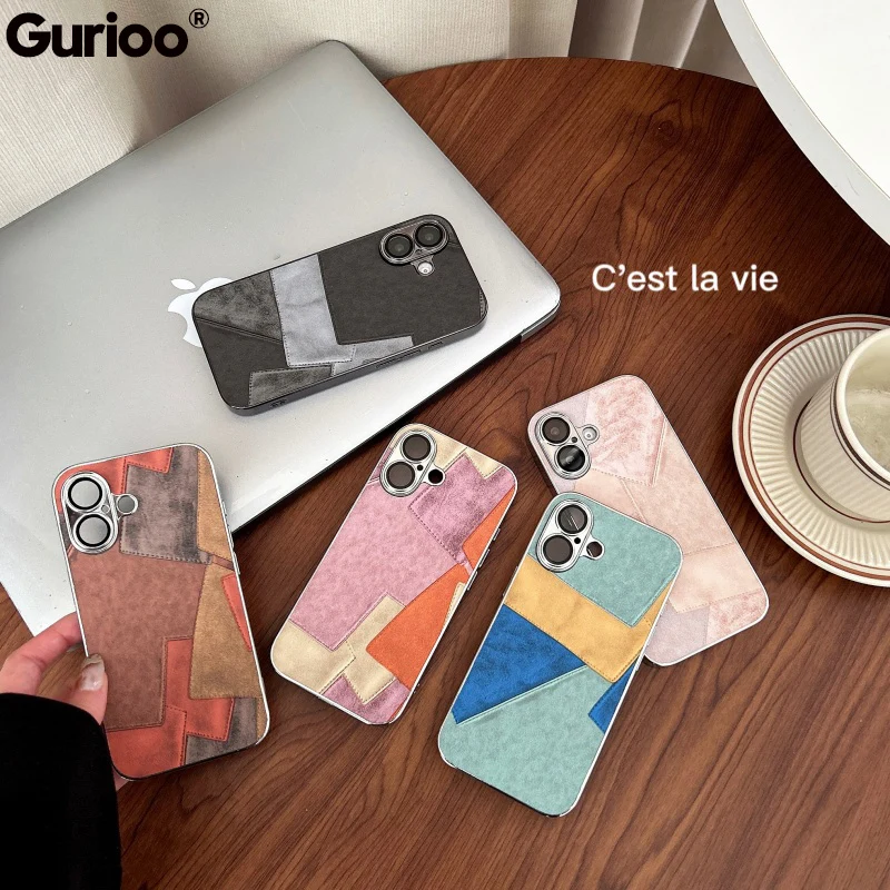 Plating Frame Polychrome Montage Imitation Cowboy Cloth Leather For iPhone 16 15 14 13 12 11 Plus Pro Max Lens Proteciton Cover