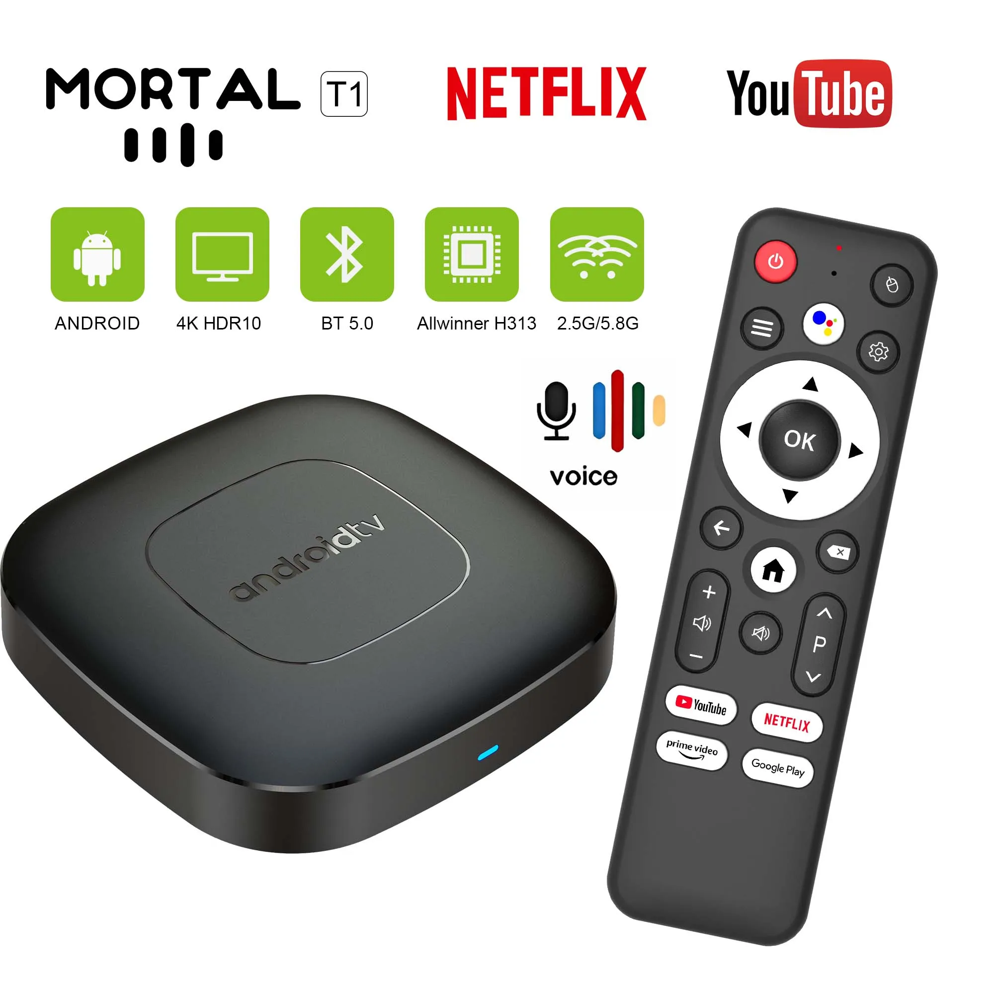 Global version Smart Android TV box Mortal T1 BT5.0 Dual 2.4G/5G Wifi Allwinner H313 4K HDR10 Multi Language Home Set-Top Box