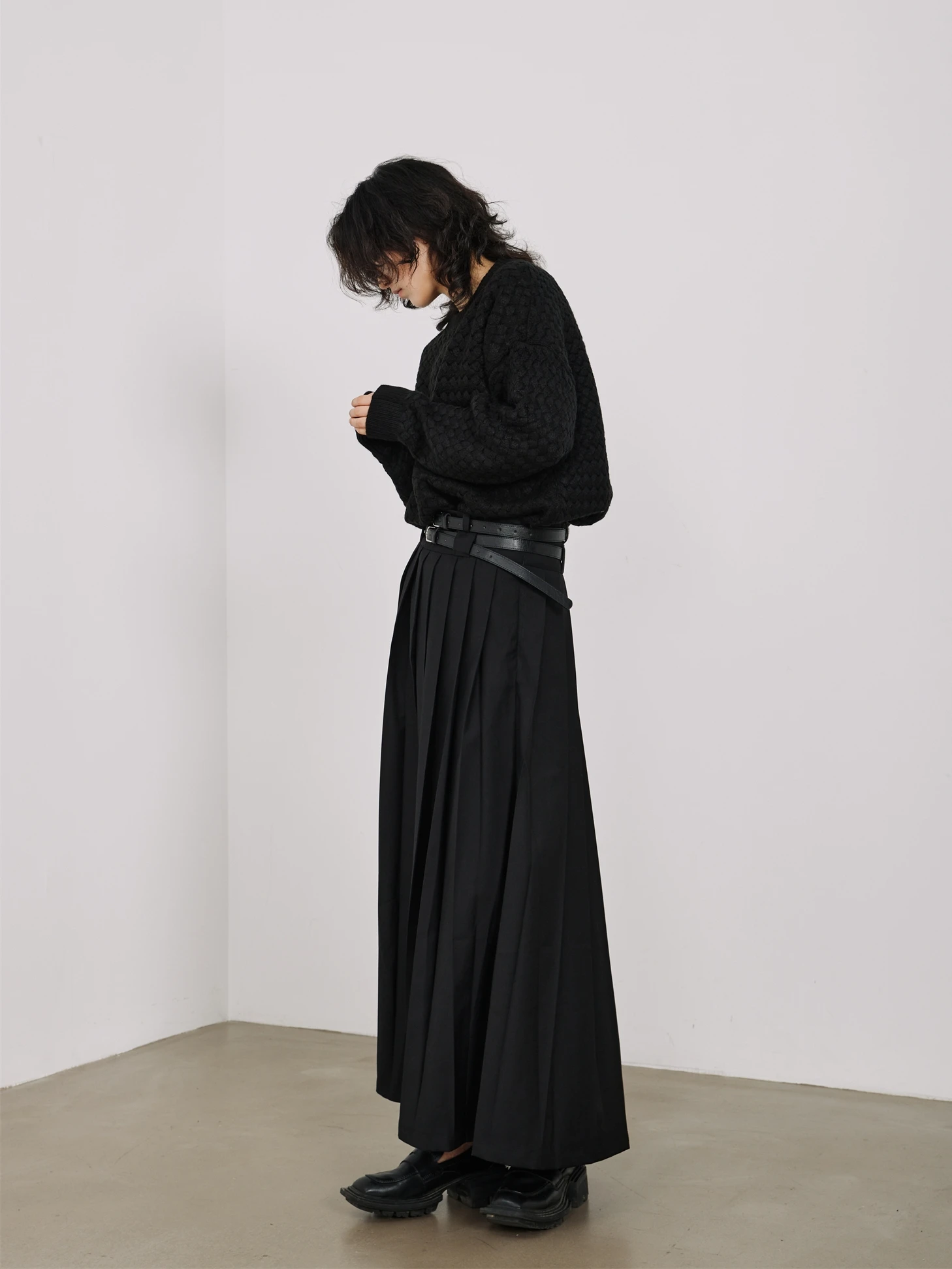 Sunvonnie22FW  Dark Mountain Double Belted A-Line Midi Skirt Autumn Commute Simple High Waist Polyester Long Skirt