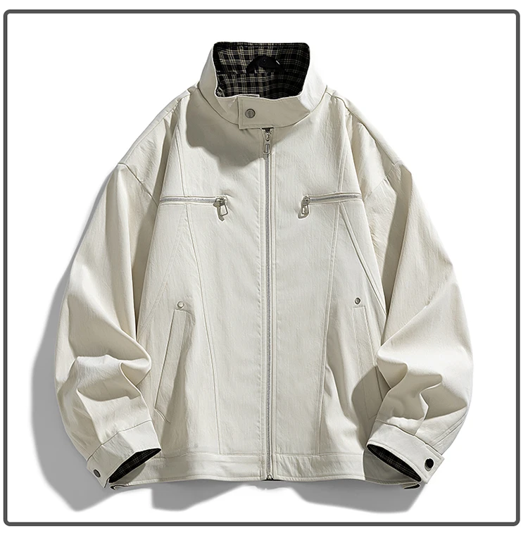 Herren Stehkragen-Freizeitjacke – Einfarbige, locker sitzende Windjacke mit Reißverschluss und Karofutter, Streetwear-Oberbekleidung – Detail 5