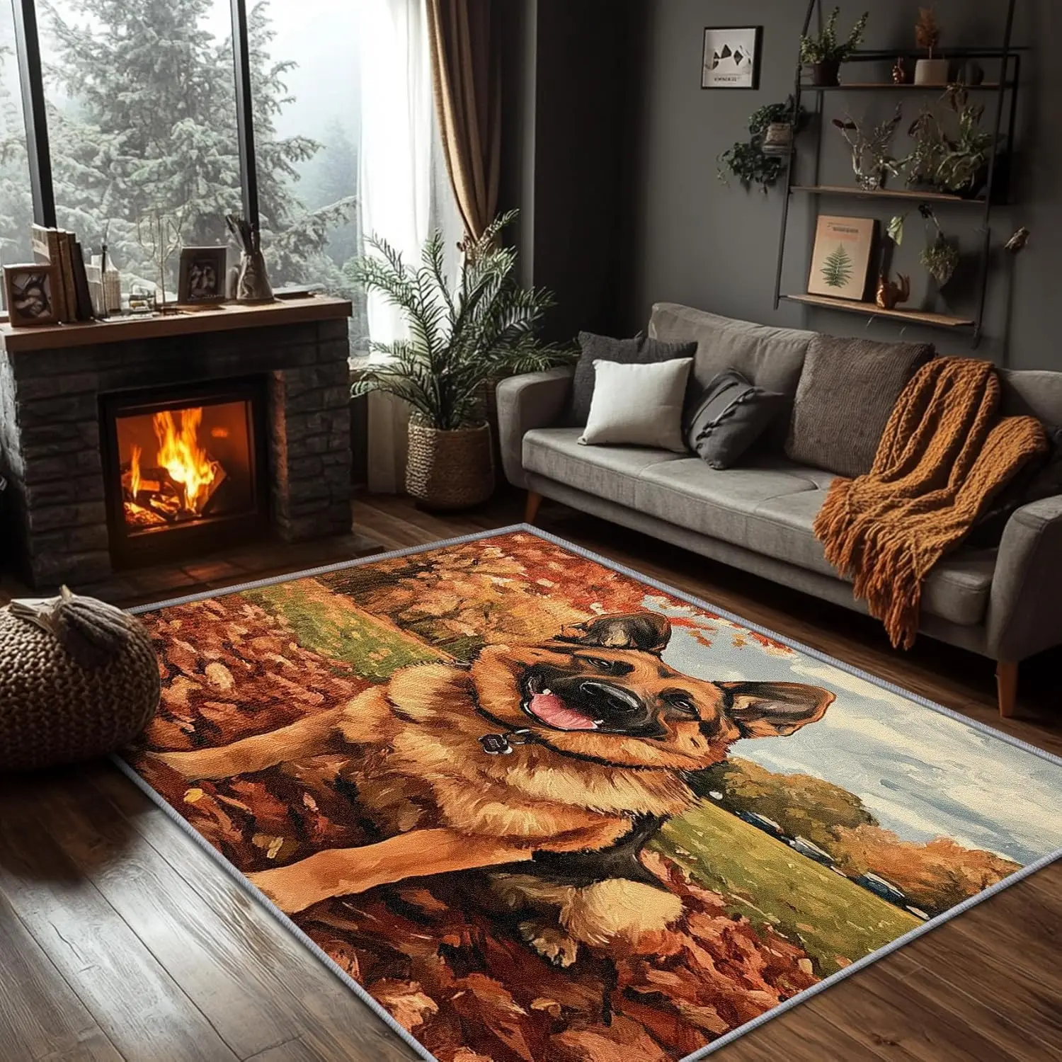 

German Shepherd Dog Rug Cute Dog Autumn Maple Leaf Area Rug Playful Puppy Animal Rugs Fall Leaves Decor Carpet German
