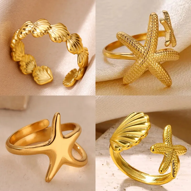Anéis abertos de estrela do mar de aço inoxidável para mulheres cor dourada geométrica anel ajustável festa de casamento moda jewerly presente anillos