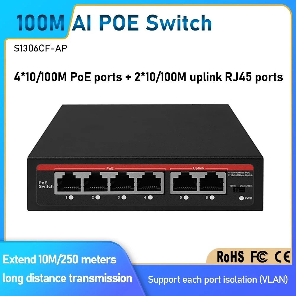 EWIND Switch Ethernet inteligente de 6 portas PoE 10/100Mbps AI com 2 portas RJ45 uplink, ideal para câmeras IP e AP sem fio