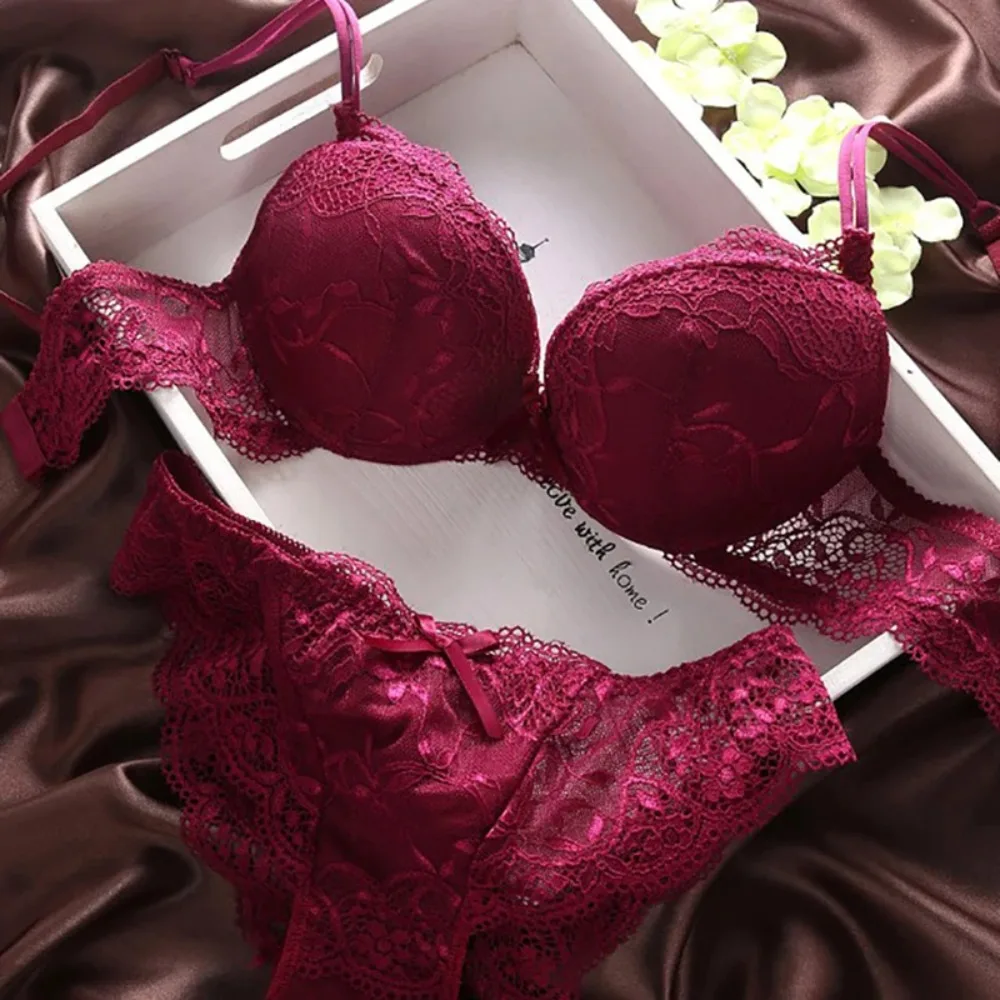

European Style Sexy Bra Set Women Cotton Underwear Sexy Lace Panties Female Push Up Brassiere Fashion Solid Color Set