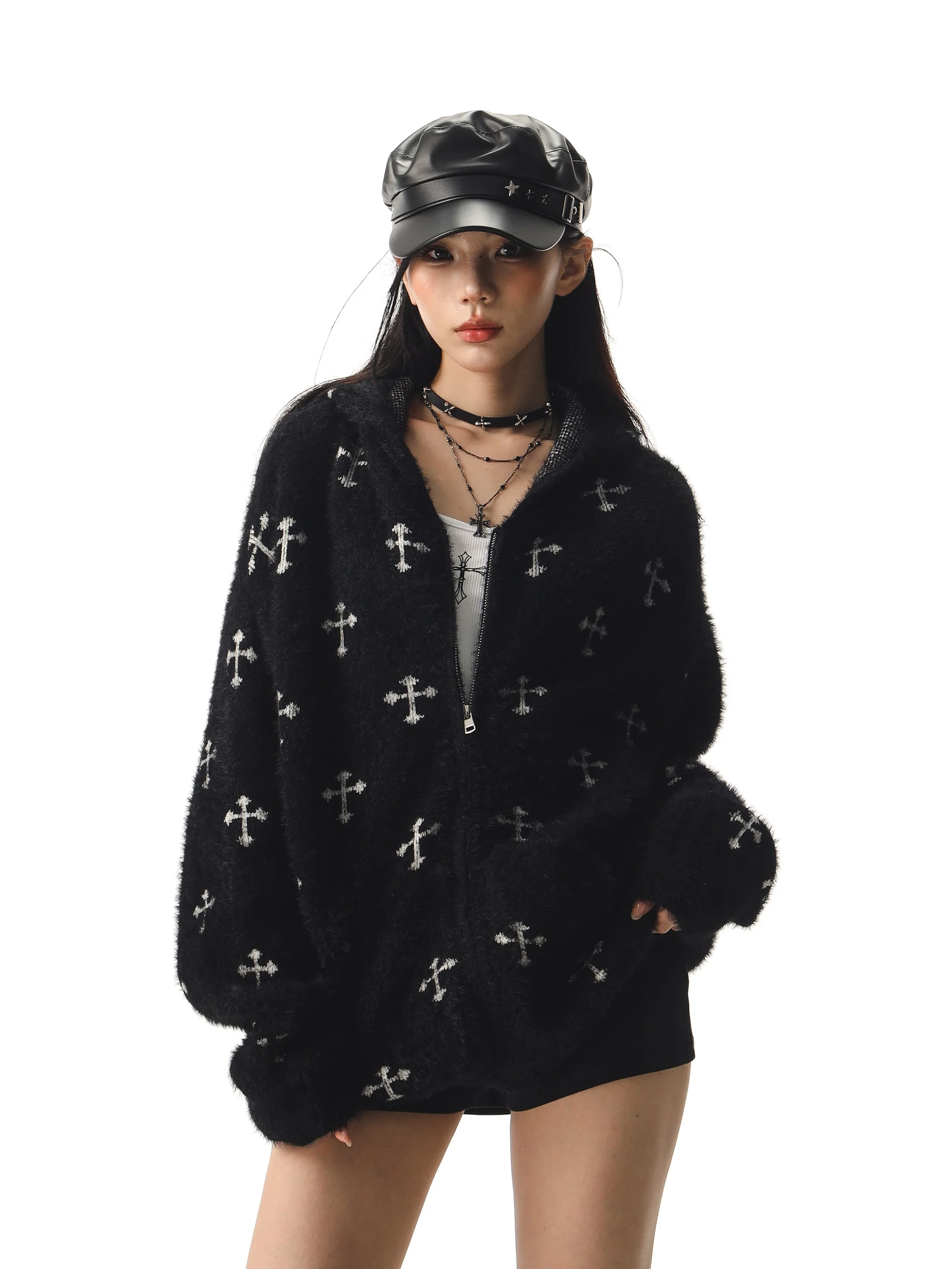

Soft Cozy American Sle Cross Stitch Hoodie Women's Loose Knitted Cardigan Sweater Beer Captain C Casual Long Sve Zipper