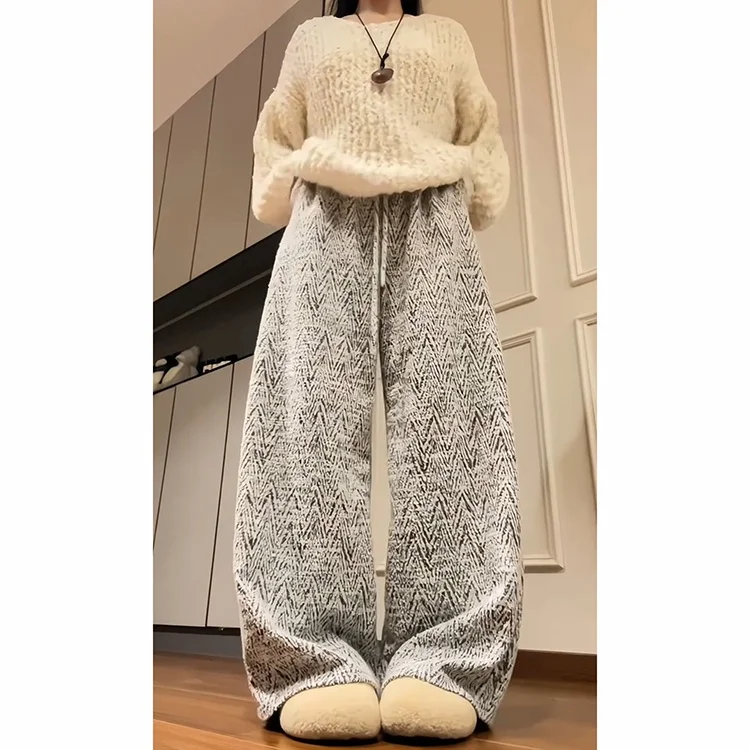 Laid-ba tricoté pantalon à jambes larges femmes début automne 2025 nouveau âge-réduction Faion ample taille haute longueur au sol pantalon