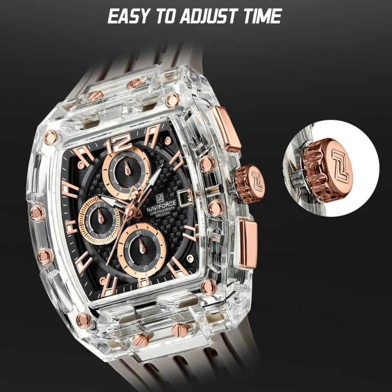 NAVIFORCE Men Chronograph Quartz Watch 5ATM Waterproof Luminous Silicone Strap Casual Sports Wristwatch Gifts box view 3