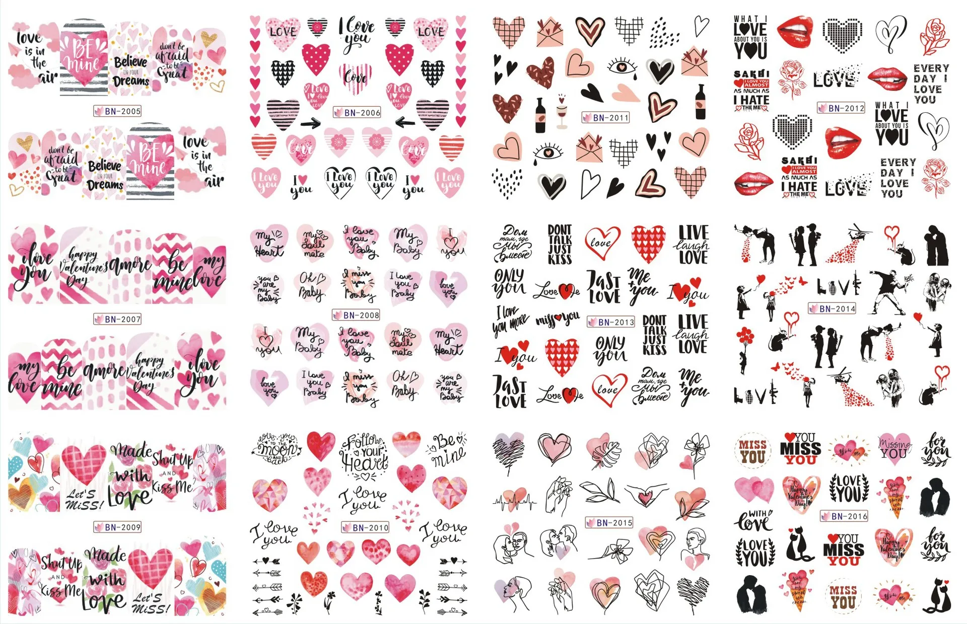 12 Patronen Valentijnsdag Schuifregelaar Stickers Voor Nagel Hart Bloem Letter Water Slider Gel Polish Charm Decals Manicure Decor