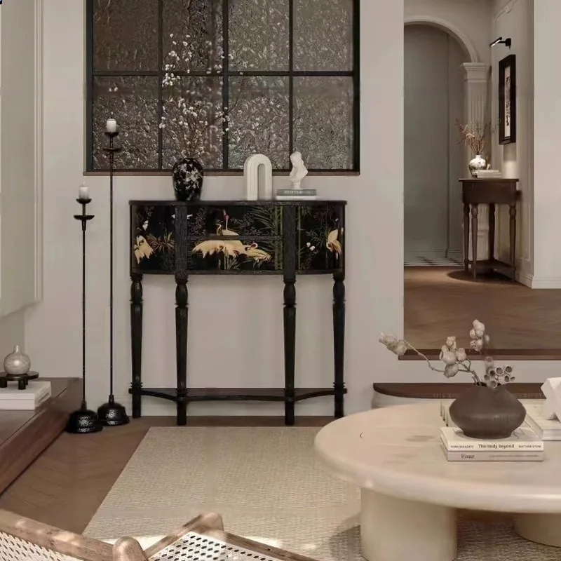 Medieval black painted entrance table French animal pattern foyer display cabinet retro solid wood storage case
