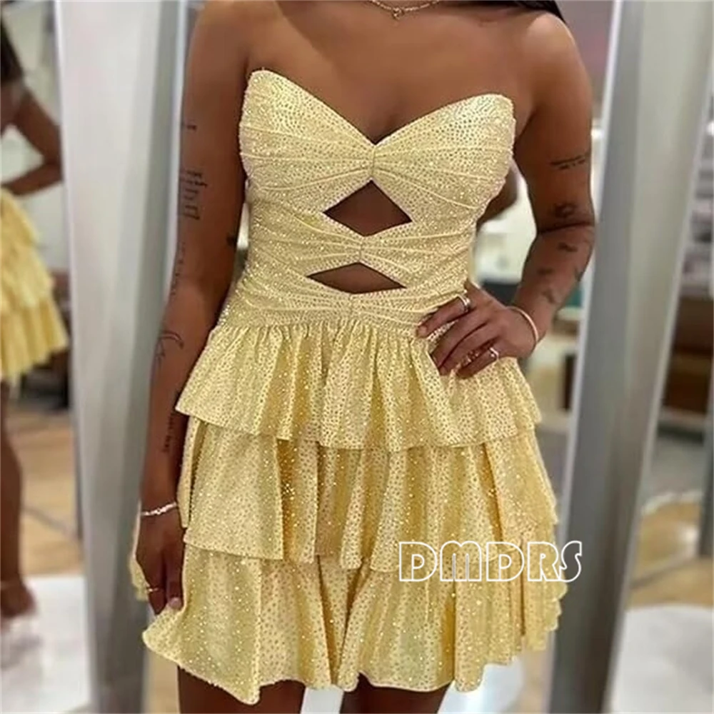 ชุดเดรสกลิตเตอร์ปักเลื่อมสำหรับวัยรุ่น ทรงเอไลน์สั้นแบบเว้าข้าง ชุดราตรีงานพรอม ชุดเดรสออกงานกลางคืนสำหรับคลับ