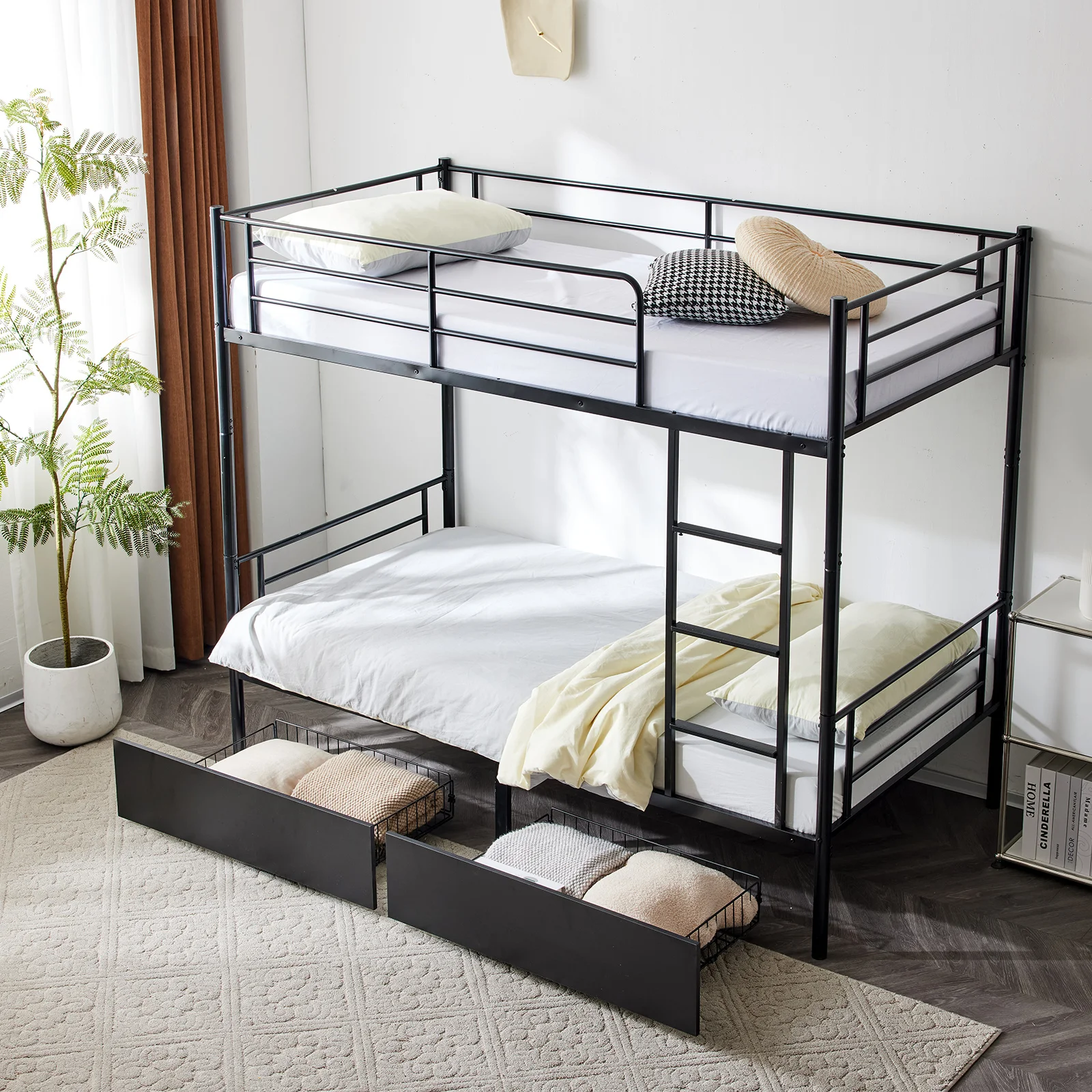 Twin Over Twin Convertible Bunk Bed with 2 Storage Drawers, Metal Bunk Bed Can be Divided Into Two Daybeds, Black