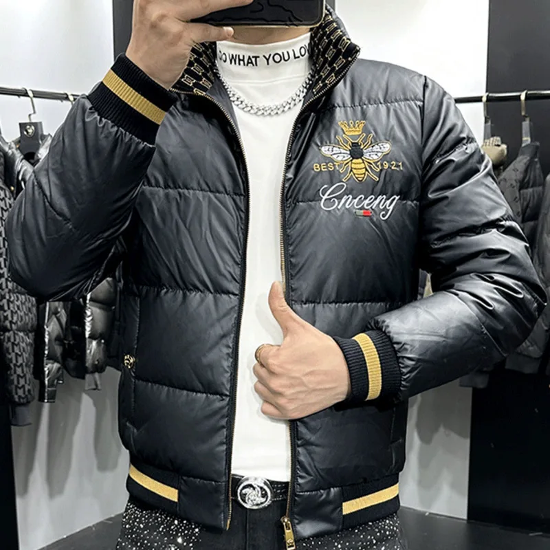 2024 Stand Collar Shinny Down Solid Color Coat Men Winter Long Sleevel Jacket Letter Print Jacket Men Top Quality Down Jacket