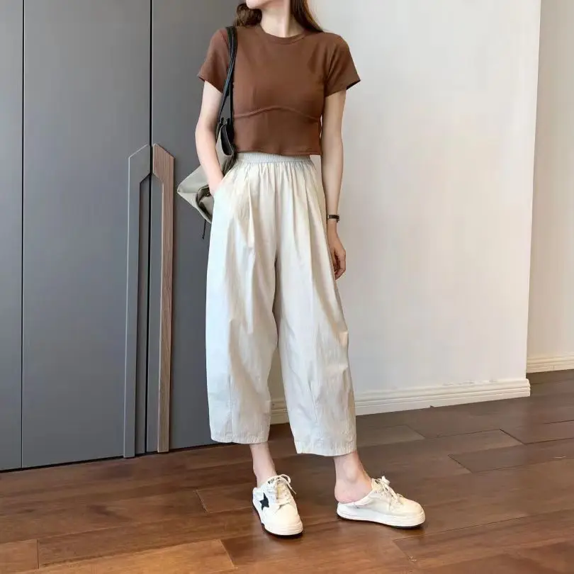 Japanese Style Casual Pants Women Summer High Waist Cotton Straight Leg Harlan Trousers Nine Points Loose Long Pants