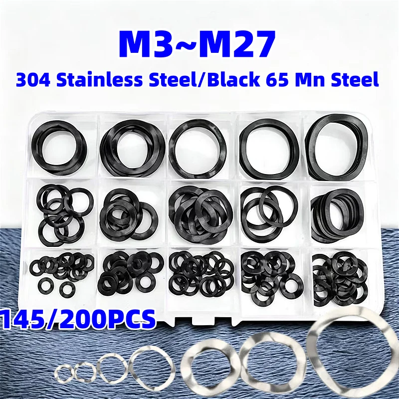 304 Stainless Steel/Black 65 Mn Steel Wavy Spring Crinkle Washer Set Three-Wave Crest Gasket Spring Gasket Elastic Washer