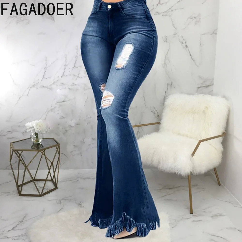 FAGADOER Fashion Hole Skinny Jeans Tassels Flare Pants Women High Waist Button Wide Leg Denim Trousers Lady Cowboy Bottoms 2024