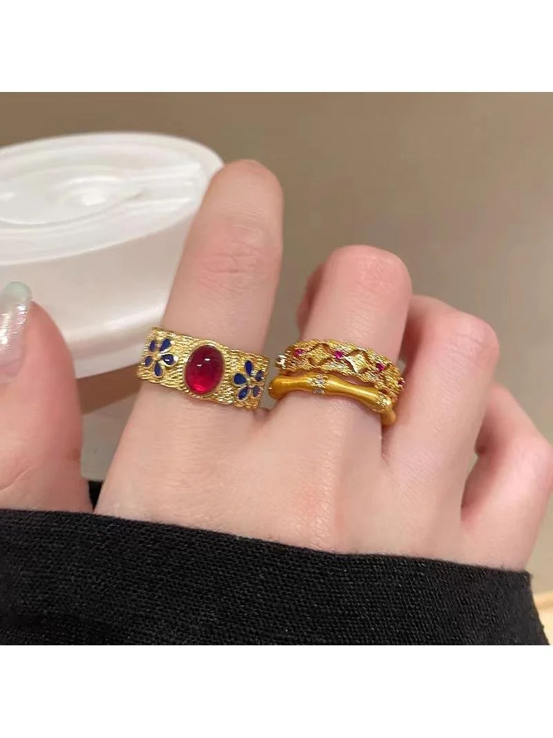 

Кольцо в стиле ретро с золотой эмалью и бамбуковым узором для женщин, модное высококачественное кольцо на указательный палец, новое китайское кольцо на осень-зиму...